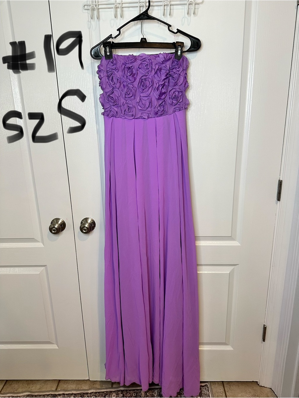 Strapless Purple Rosette Bodice Maxi Dress